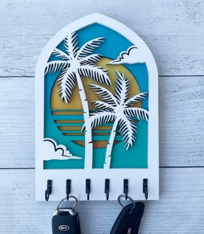 porte-clés en bois 3D coucher de soleil