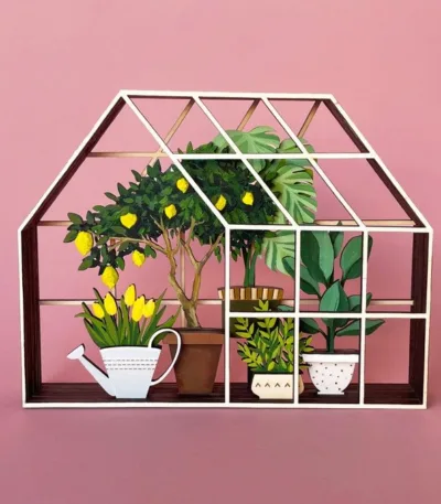 Serre en bois 3D avec plantes d'intérieur