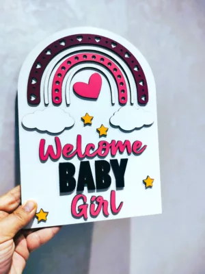Panneau « Welcome Baby Girl » en Bois – Décoration Murale pour Baptême et Baby Shower